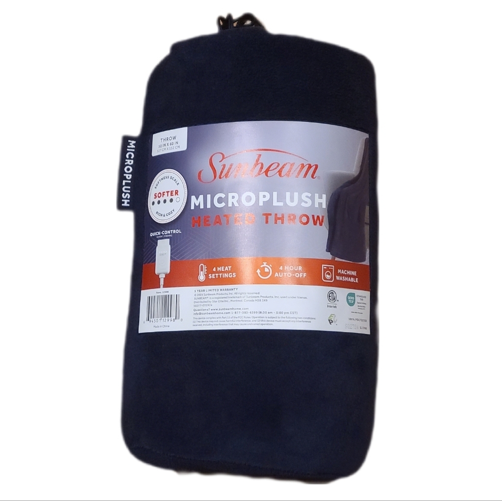 Sunbeam Microplush Heated Throw - Navy